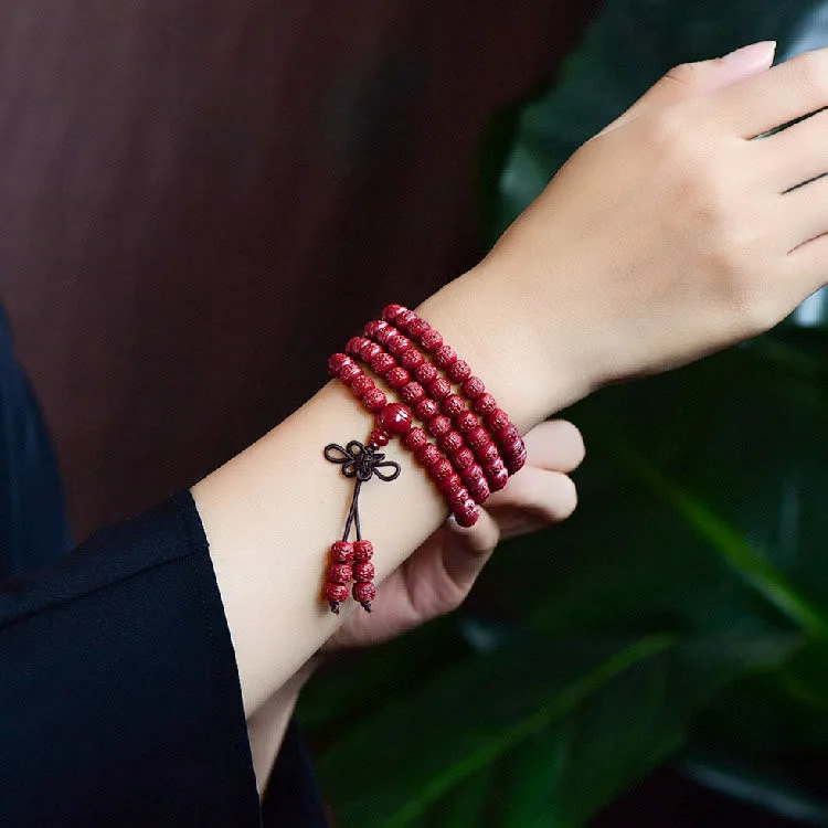 Cinnabar 108 Mala Beads Om Mani Padme Hum Pattern Engraved Blessing Bracelet