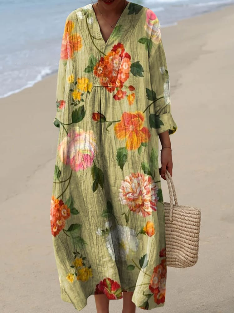 Womens Artistic Realistic Large Flowers Pattern Print Casual Dress
