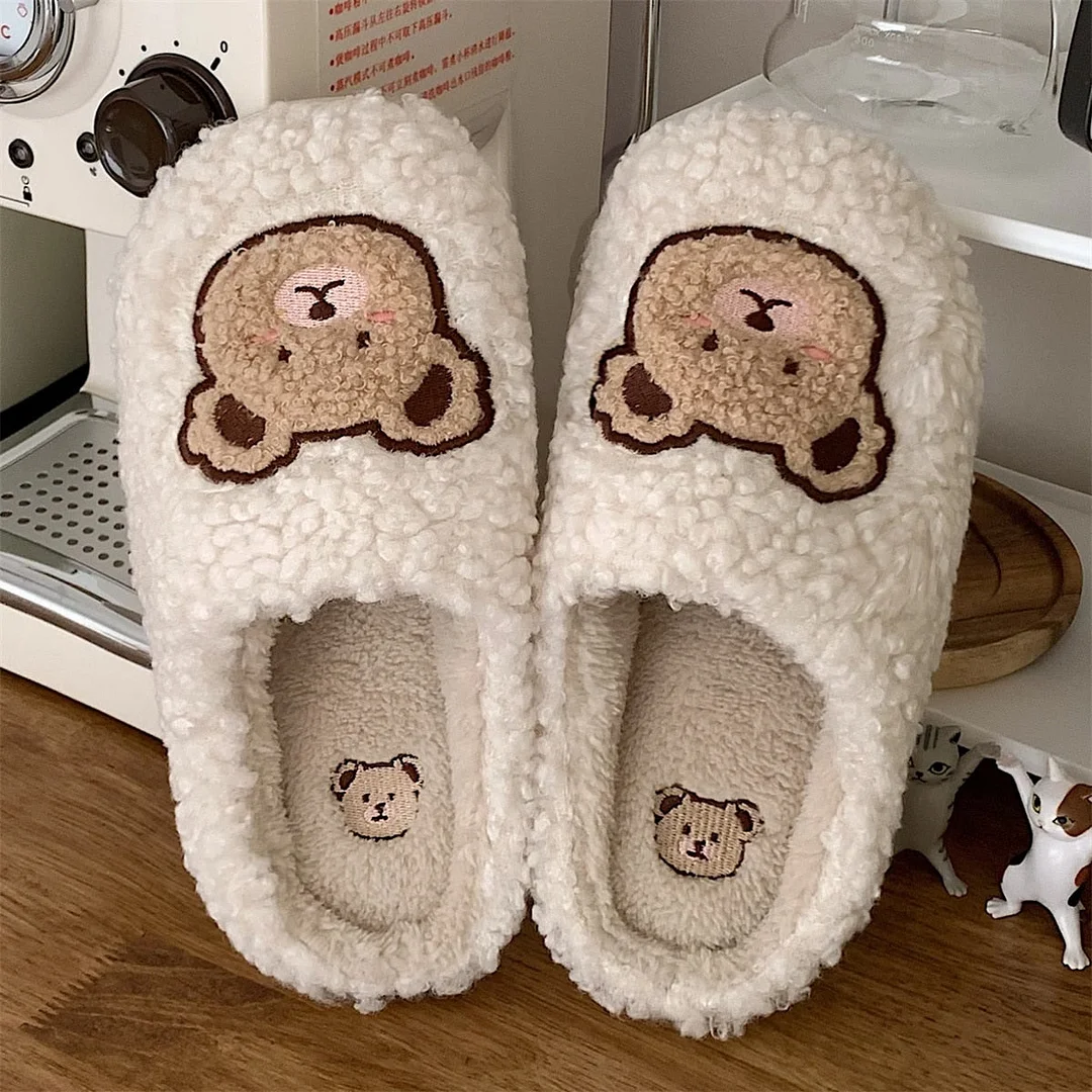 2022 Winter Women Slipper Lovely Bear Cartoon Plush Cotton Home Slippers Female Indoor Household Anti-Skid Thick Bottom Slipper