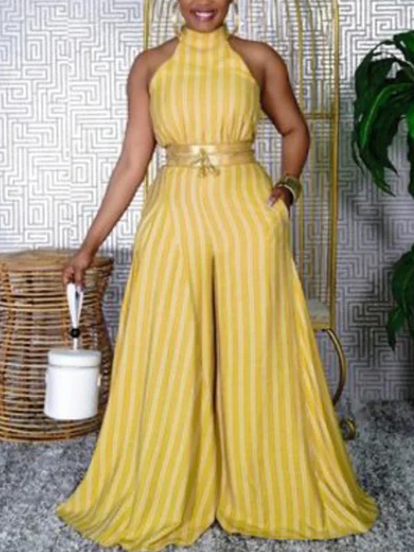Fashion Sleeveless Solid Color Striped Loose Wide Leg Jumpsuits