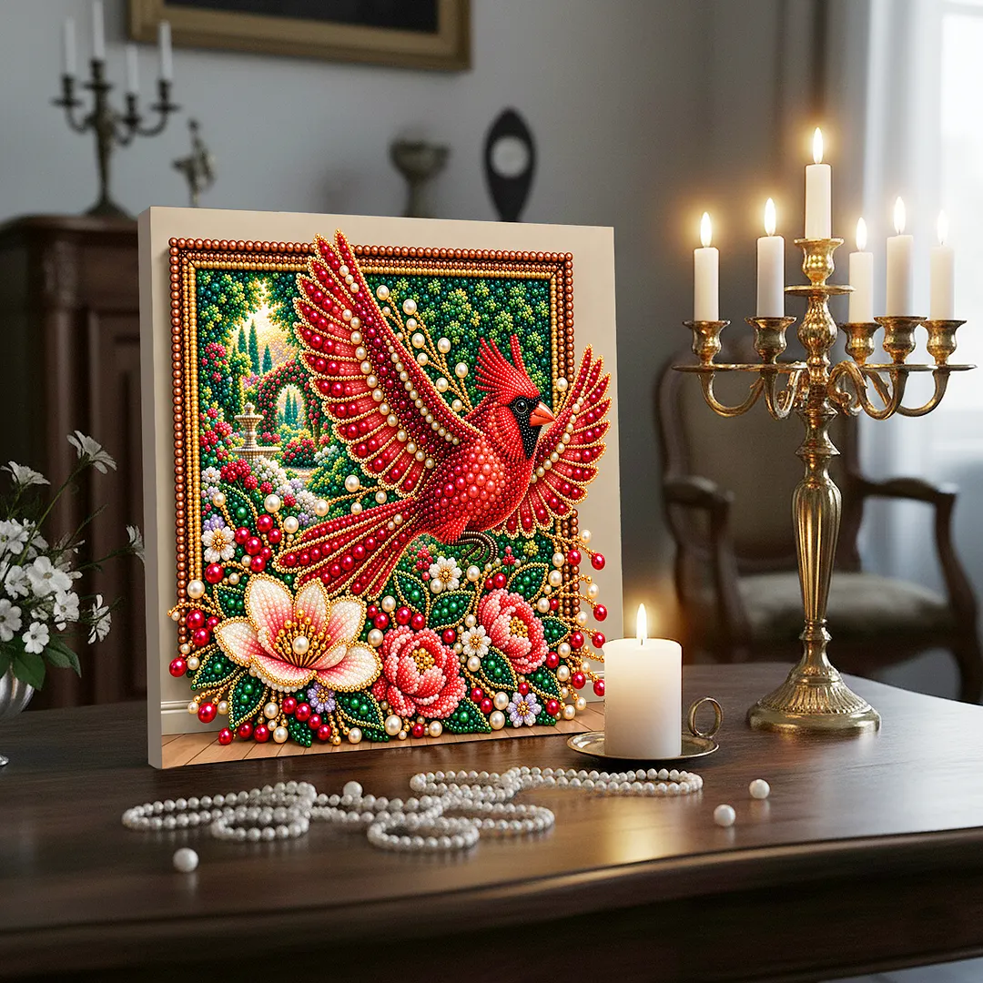 Pearl Painting Kit with Frame Red Cardinal Flower 11.81x11.81in