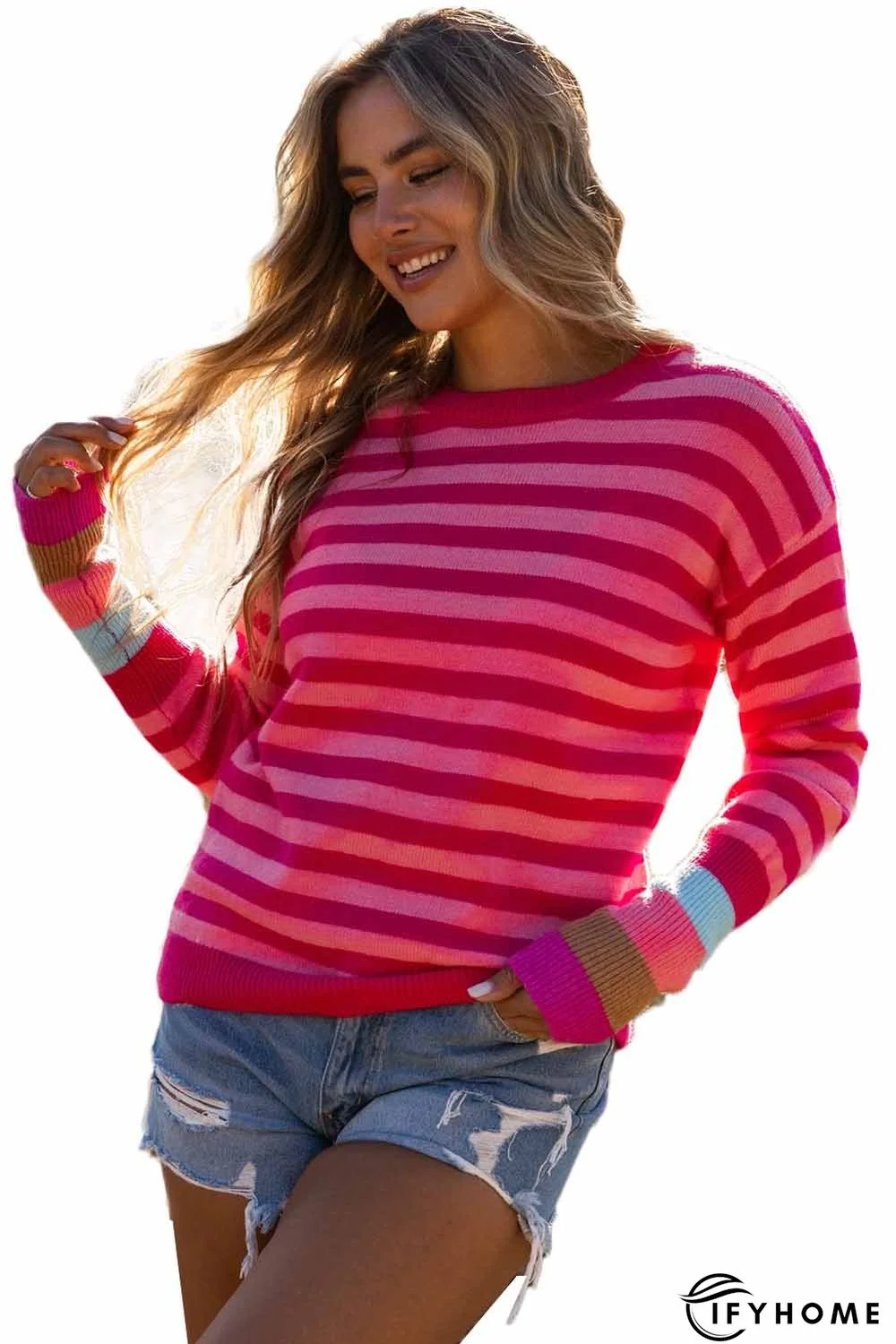 Rose Striped Long Sleeve Pullover Sweater | IFYHOME