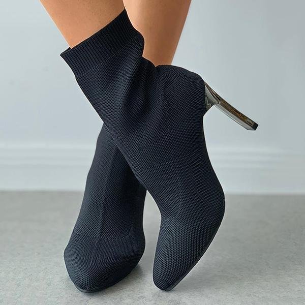  Pointed Toe Plain Heeled Sock Boots