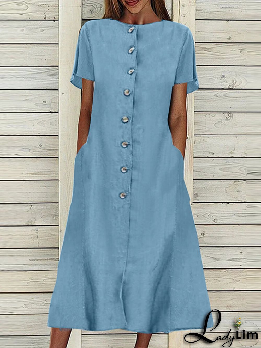 Relaxed Button Front Denim Shirt Dress with Raw Hem Detail
