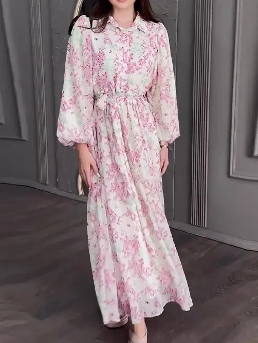 Tie Waist Slimming Printed Long Dress
