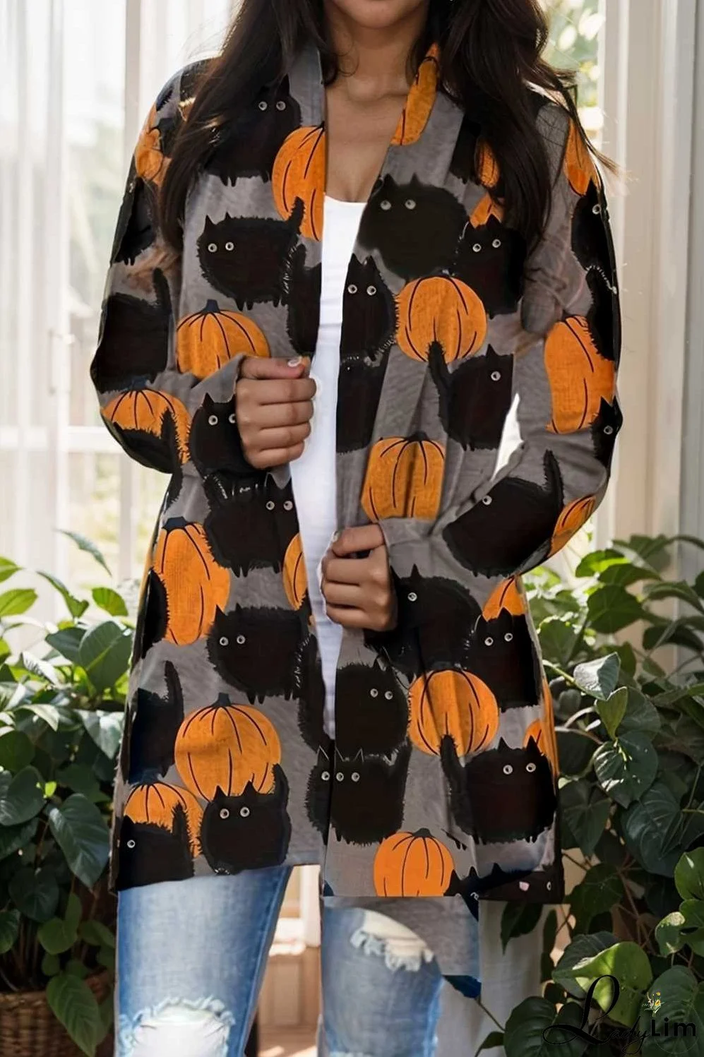 plus size halloween coat women s pus allover cat pumpkin print long sleeve open front medium stretch cardigan overcoat