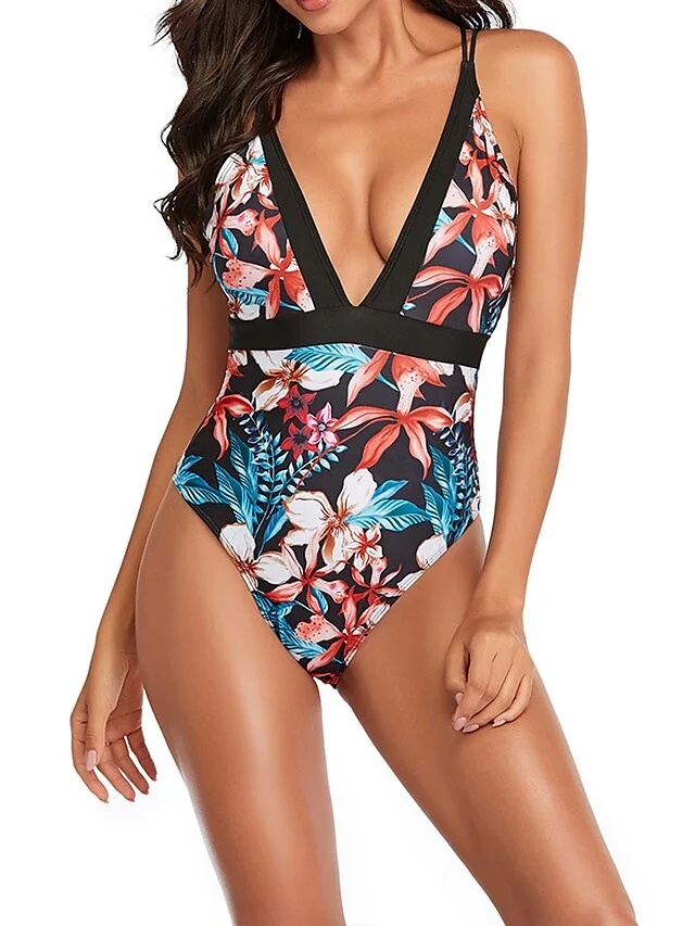 Women's Swimwear One Piece Normal Swimsuit Printing Cross Floral Black Red Green Bodysuit Bathing Suits Sports Summer | IFYHOME