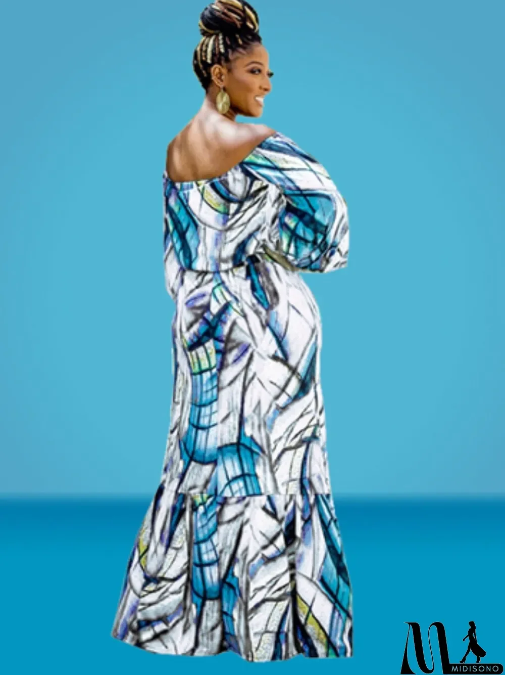 MidiSono - Autumn Plus Size Printed White Off Shoulder Puff Sleeve Long two piece skirt set