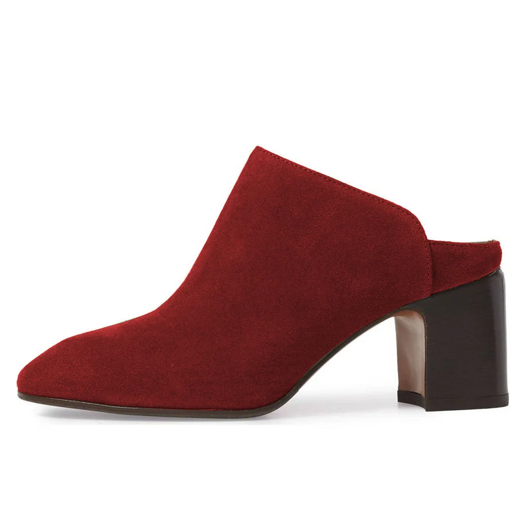 Red Vegan Suede Slip-On Round Toe Block Heel Mule Shoes for Women