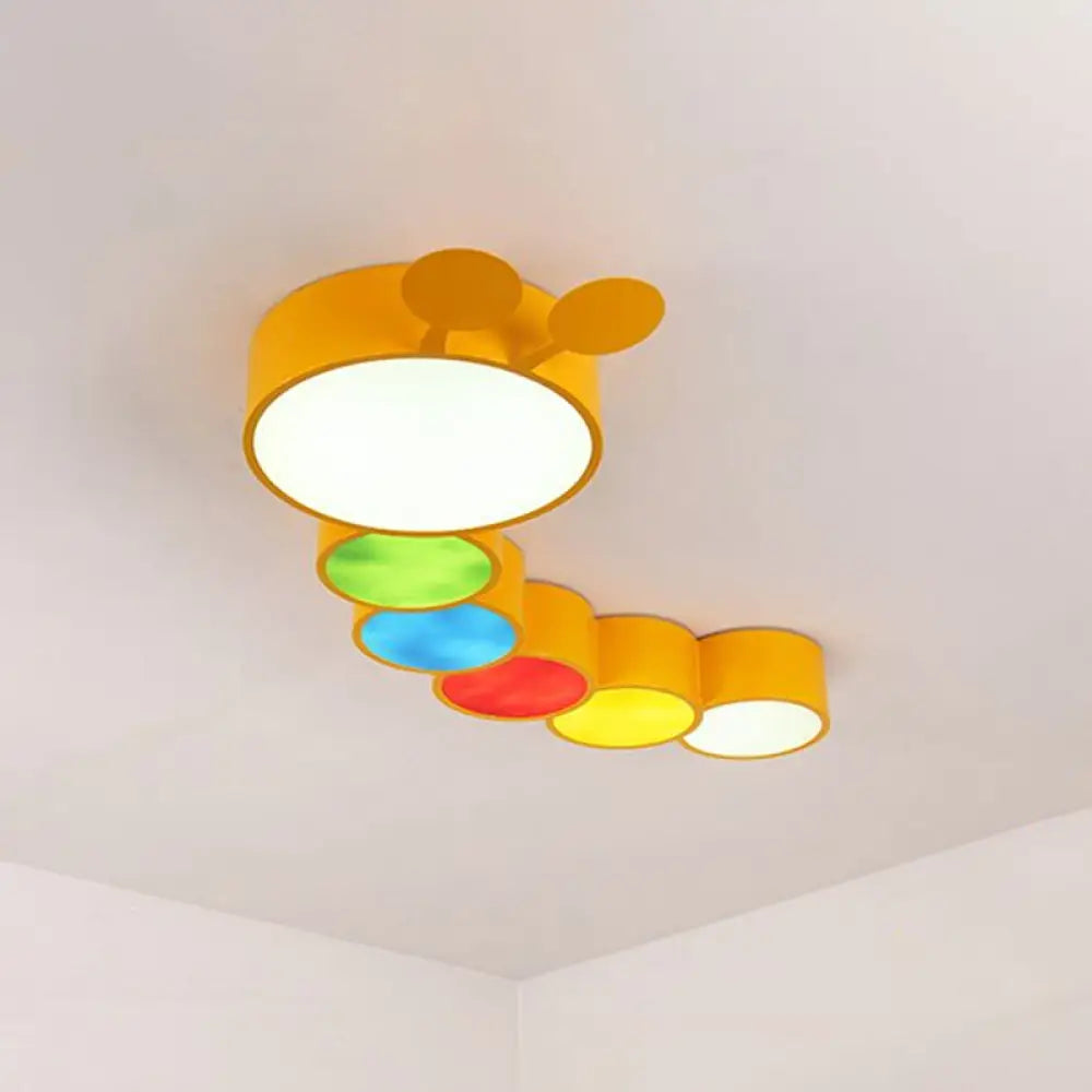 Yellow Metallic Cartoon Caterpillar Led Flush Mount Ceiling Light For Kindergarten&rsquo; Or
