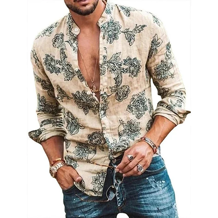 Men's Casual Printed Slim Long Sleeve Shirt