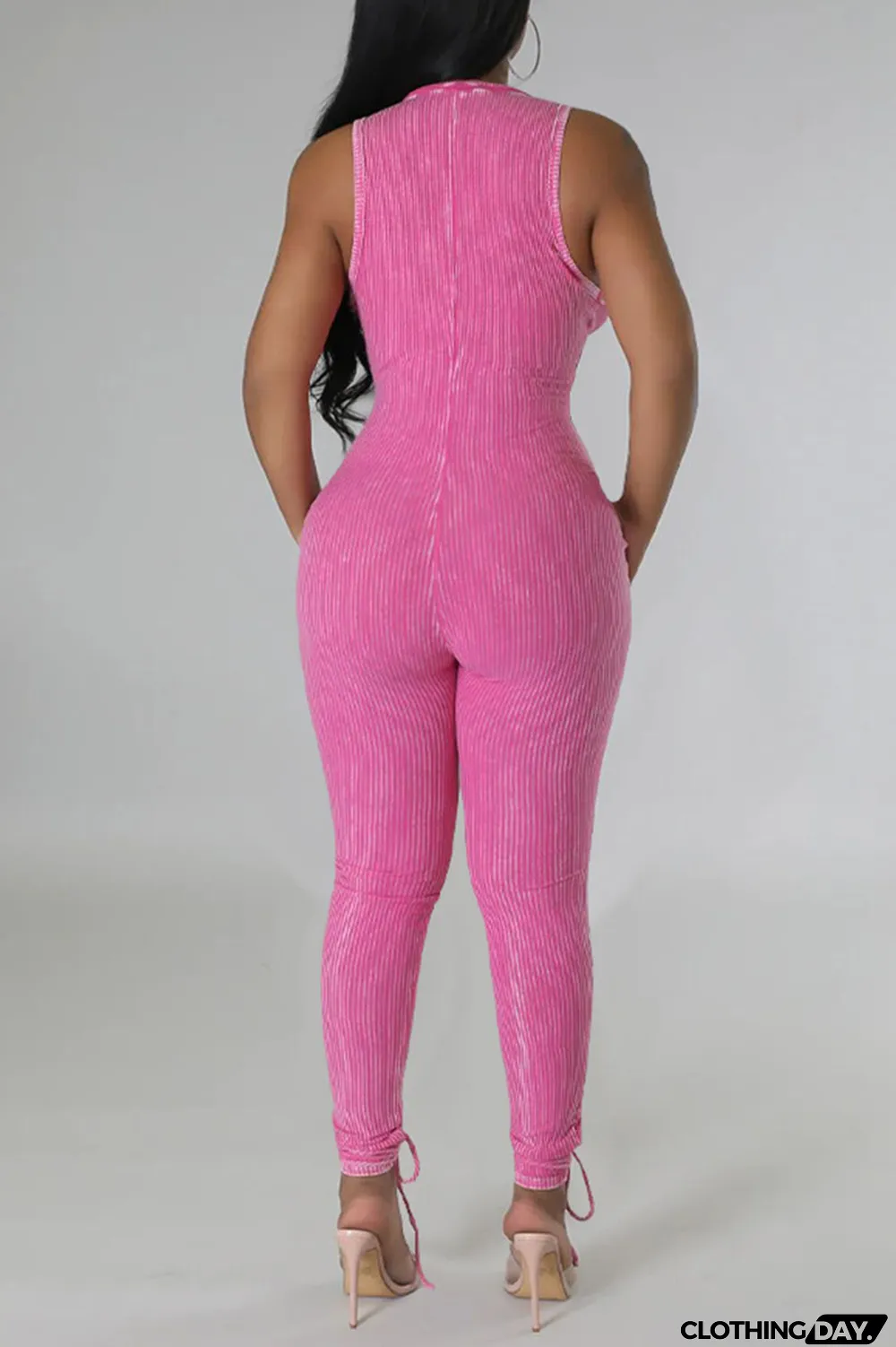 Light Blue Casual Solid Patchwork Stringy Selvedge Zipper Collar Skinny Jumpsuits