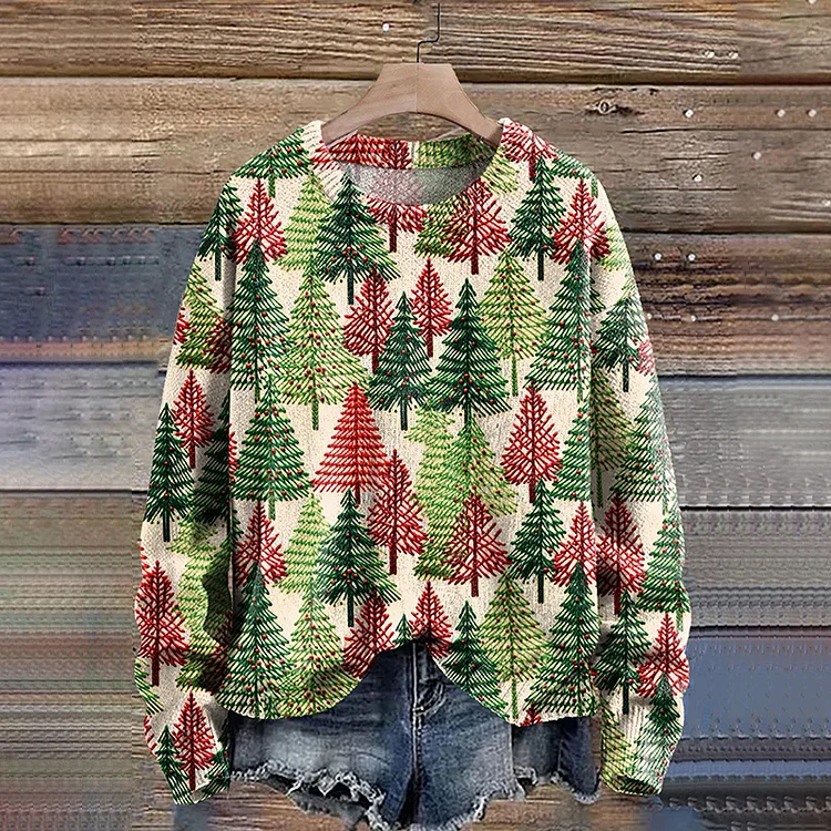 VChics Christmas Tree Print Knitted Pullover Sweater