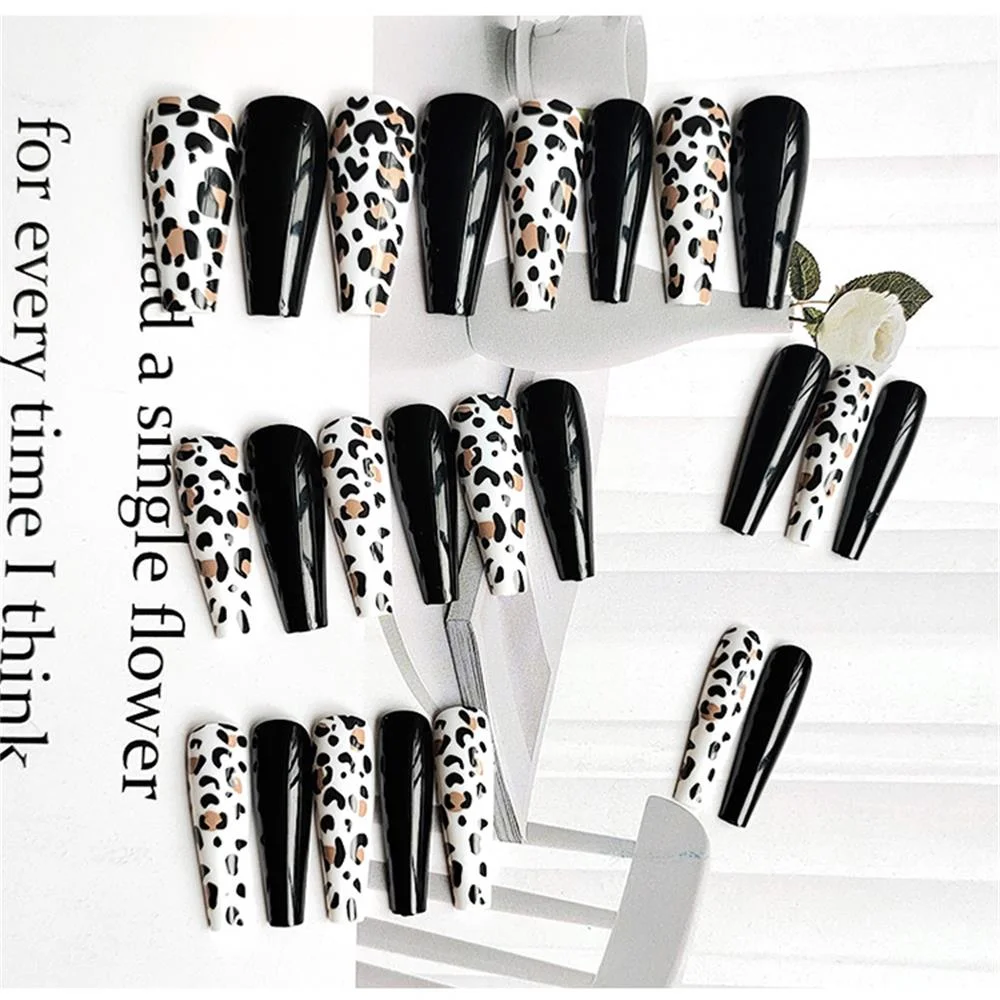 24Pcs/Box Leopard Fake Nails Long French Ballet False Nail Press On Nails Wine Red Nail Tip With Press Glue Nail Art Decoration-Nail Inspo
