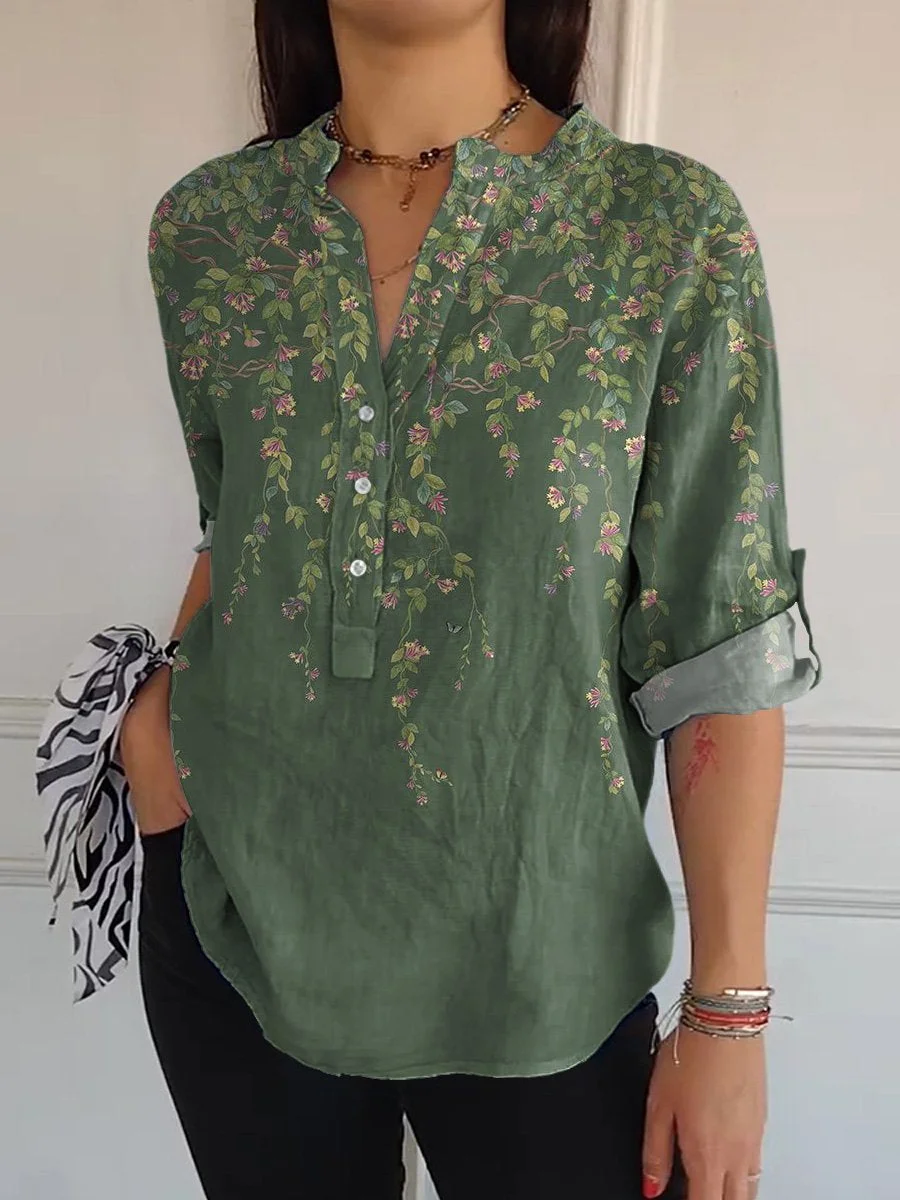 Simple Floral And Vine Pattern Printed Women's  Print Casual Long Sleeve Comfortable Cotton Shirt
