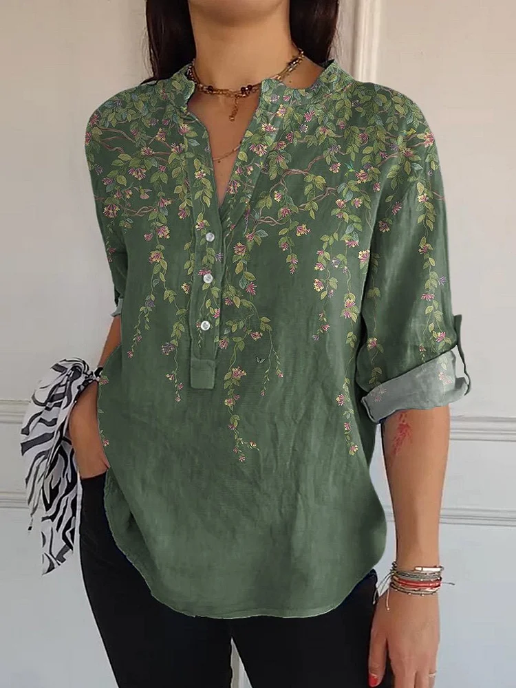 Simple Floral And Vine Pattern Printed Women's  Print Casual Long Sleeve Comfortable Cotton Shirt