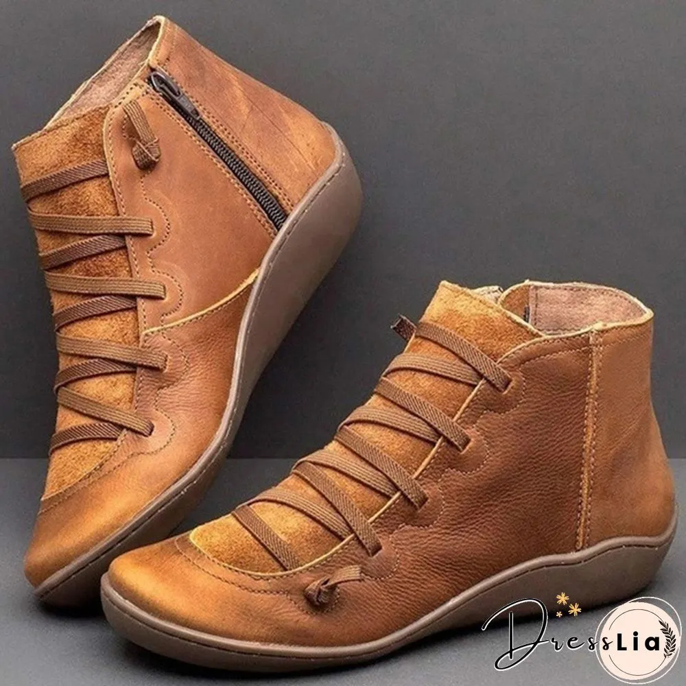 Womens Medieval Vintage Leather Boots Braided strap flat heel all season waterproof slip