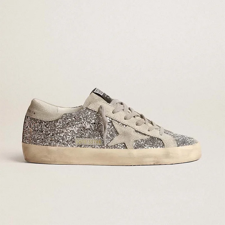 Golden Goose Super-Star Mujer de purpurina plateada con estrella de ante gris hielo