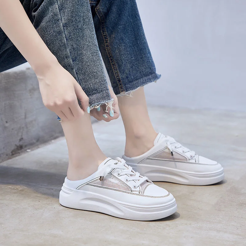 Breakj Toe Half Slippers Women's 2021 Summer Outdoor Wear net Celebrity Student Korean Mesh Surface Non-Slip Sandals White Shoes