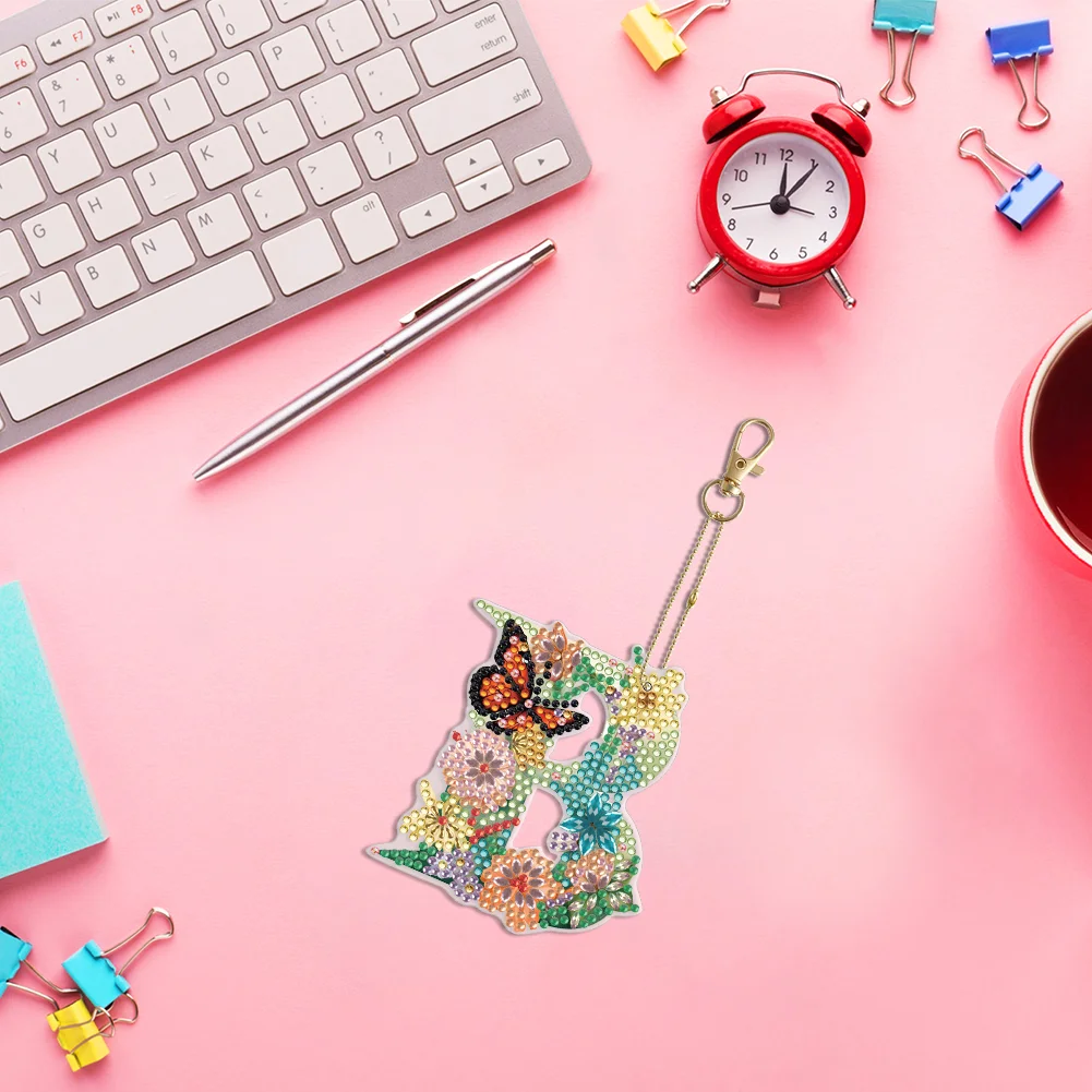 DIY B Diamond Art Key Rings Lettter Keychain Supplies Gift for Kids(Double Sided)