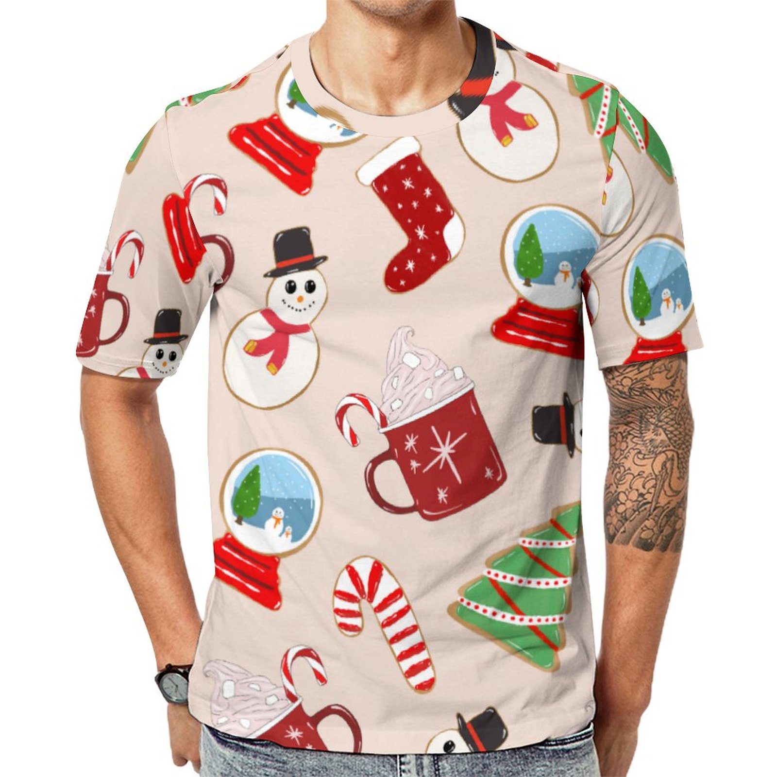 Festive Red Christmas Cookie Illustration Short Sleeve Print Unisex Tshirt Summer Casual Tees for Men and Women Coolcoshirts