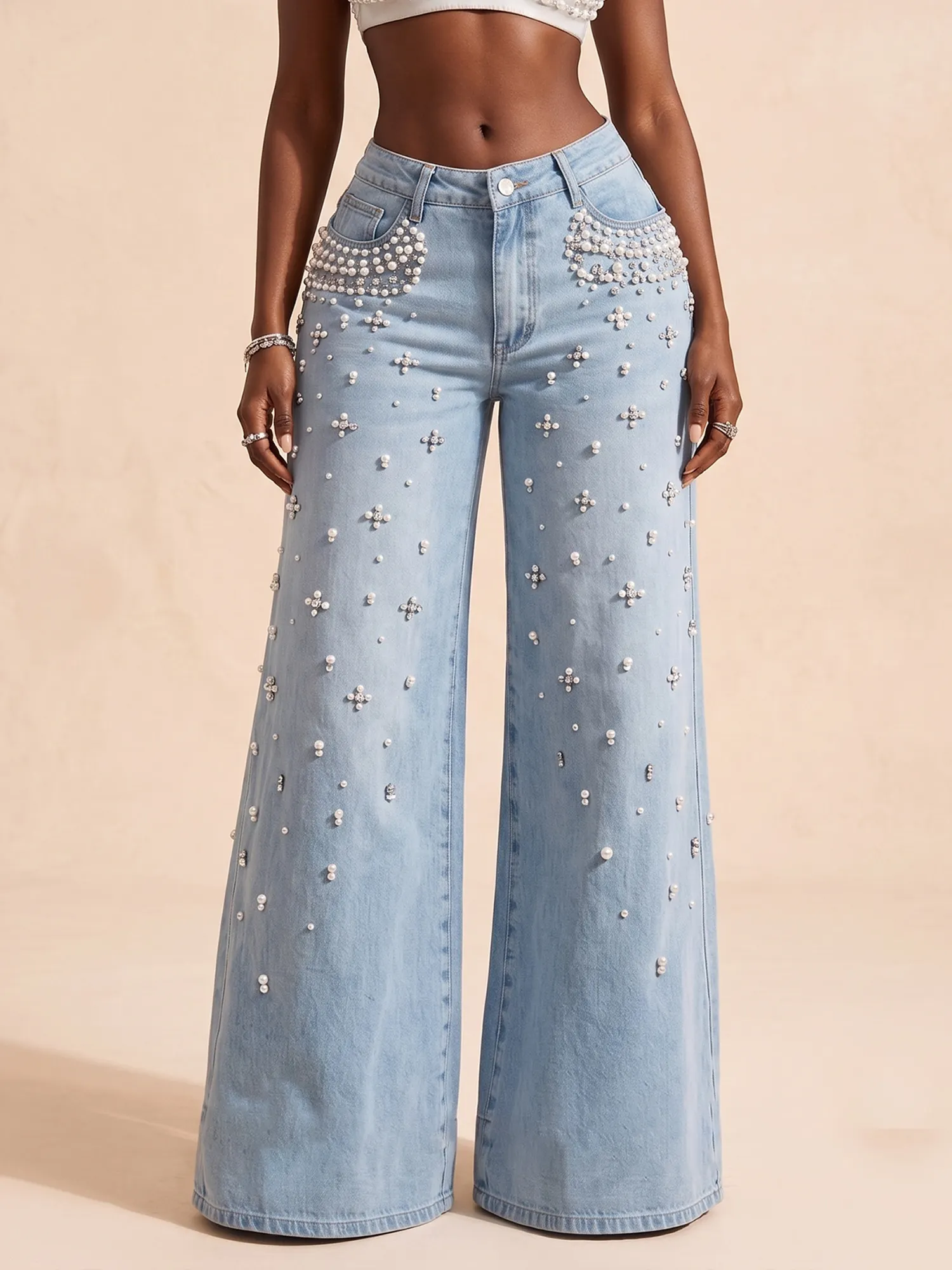 Festival Outfits &mdash; Ice Blue Glam Diamante Embellished High-Waisted Non-Stretch Denim Jeans