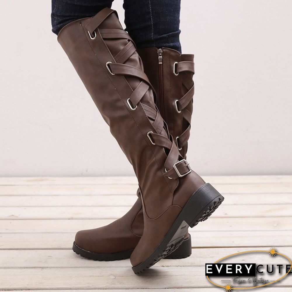Women Winter Low Heel Belt Buckle Riding Leather Boots Knee High Cowboy Boots (Please Choose A Larger Size)