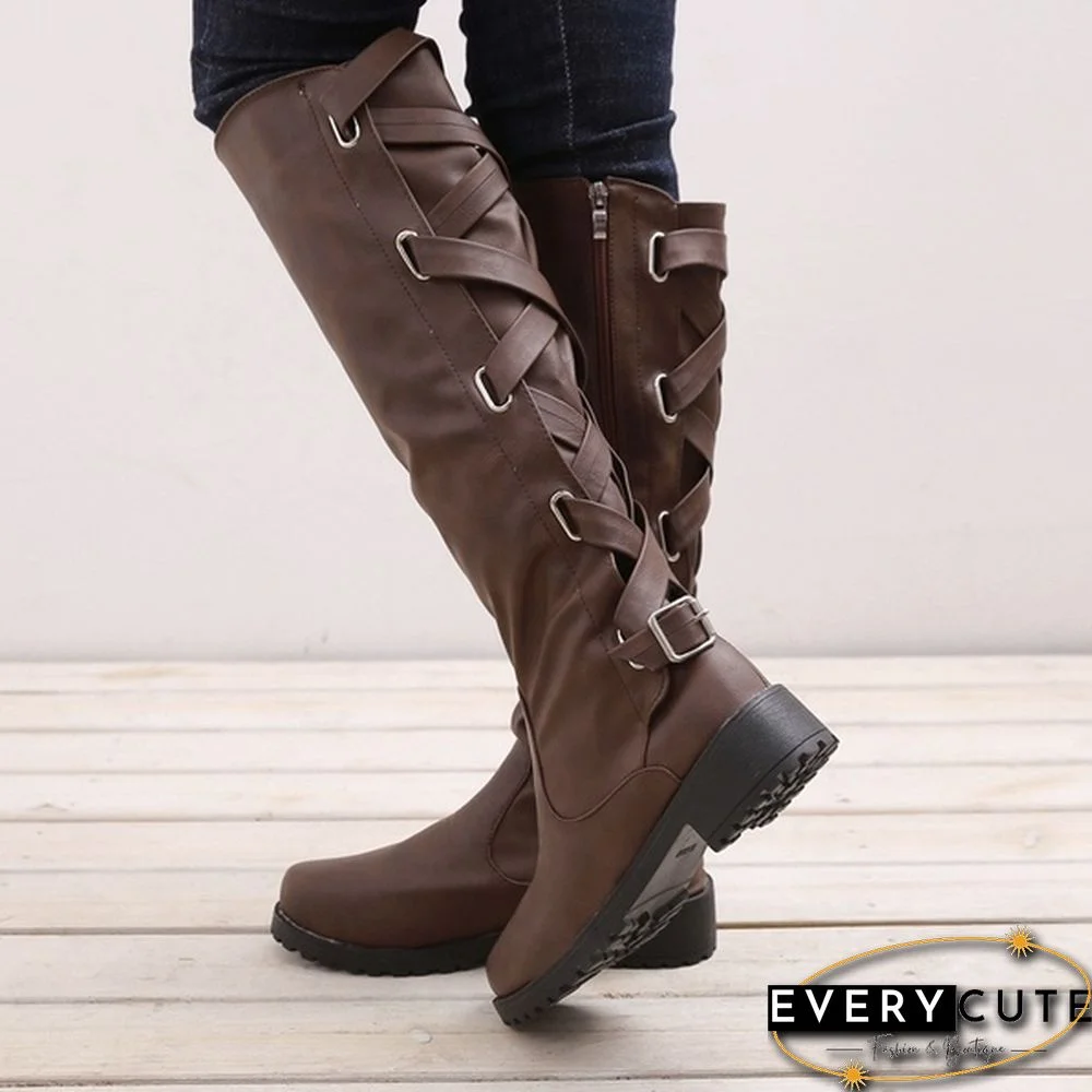 Women Winter Low Heel Belt Buckle Riding Leather Boots Knee High Cowboy Boots (Please Choose A Larger Size)