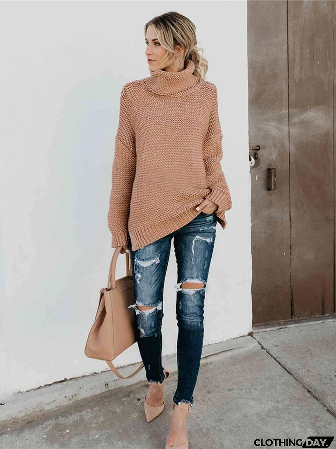 Turtleneck Dropped Shoulder Slit Sweater
