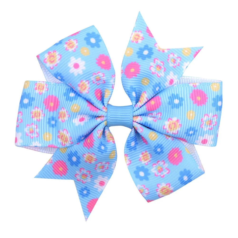 20pcs/lot Printed Flower Hair Bows With Clip For Baby Girls Grosgrain Ribbon Boutique Hair Clip Barrettes Hair Accessories 039