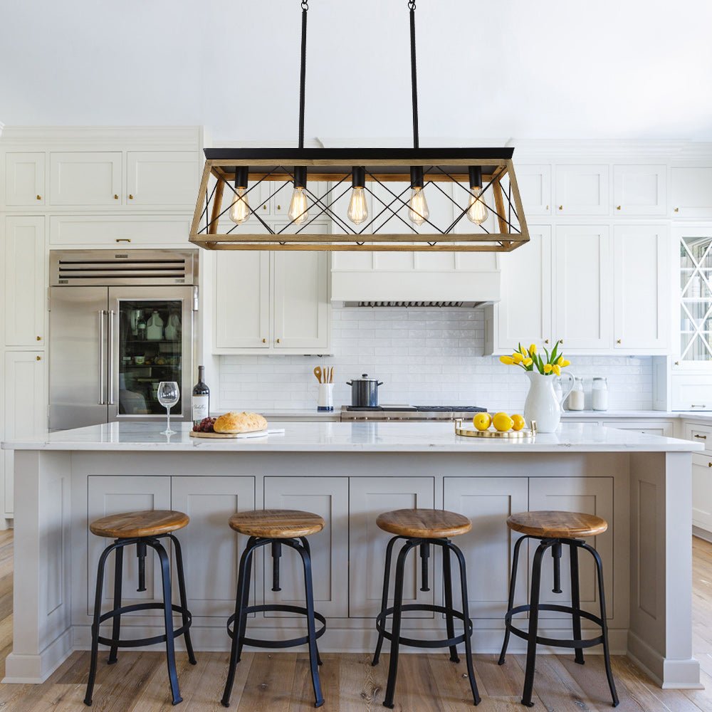 Modern Farmhouse 5-light Kitchen Island Faux Wood Linear Chandelier Pendant