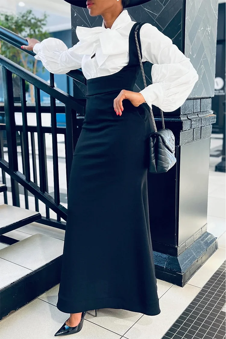 Plus Size Business Casual Black Elegant Bow Tie Long Sleeve Pocket Two Piece Skirt Sets [Pre-Order] 2024 - Xpluswear