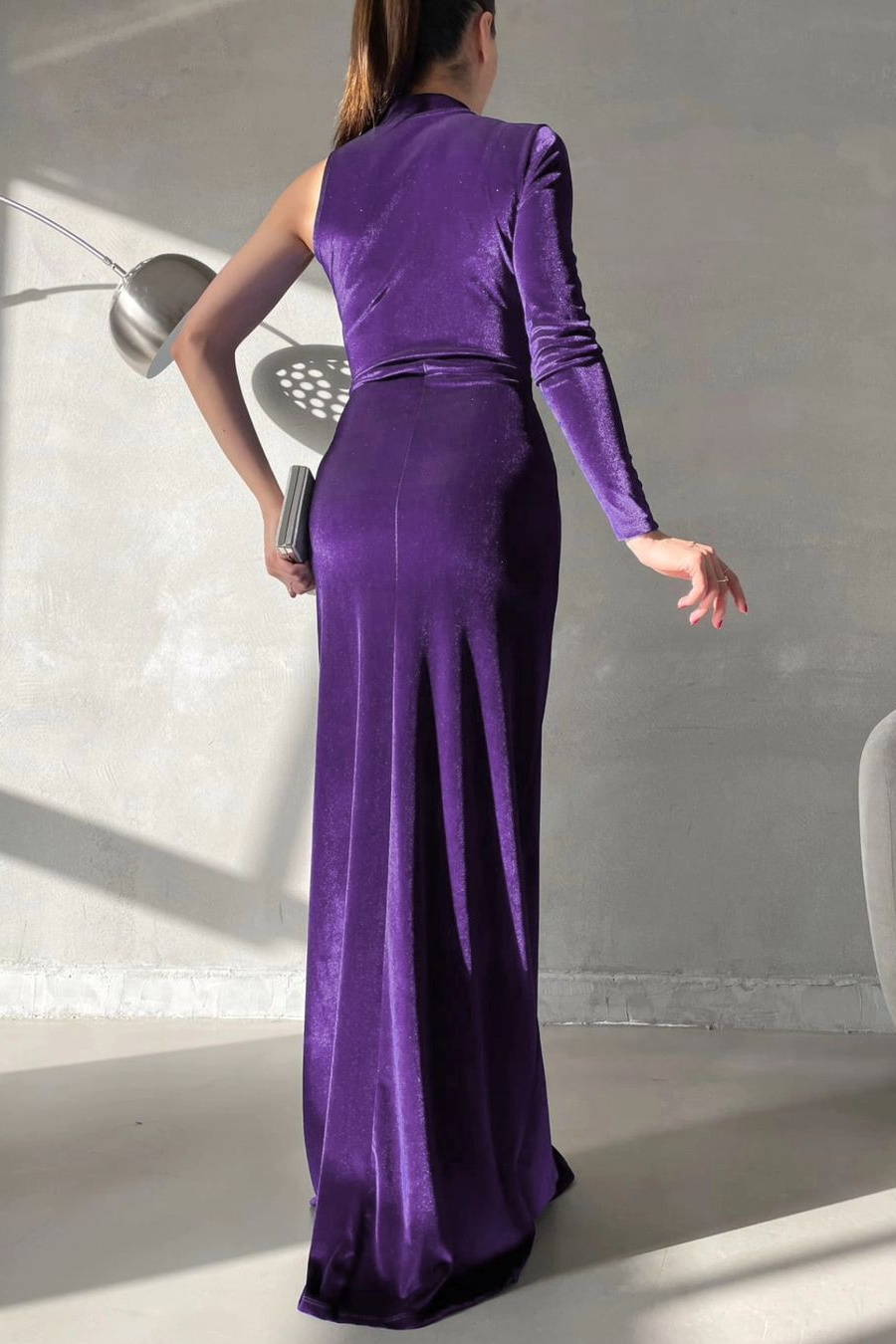 Miabel Charming Black Velvet One Shoulder Long Sleeves Long Prom Dress with High Split 