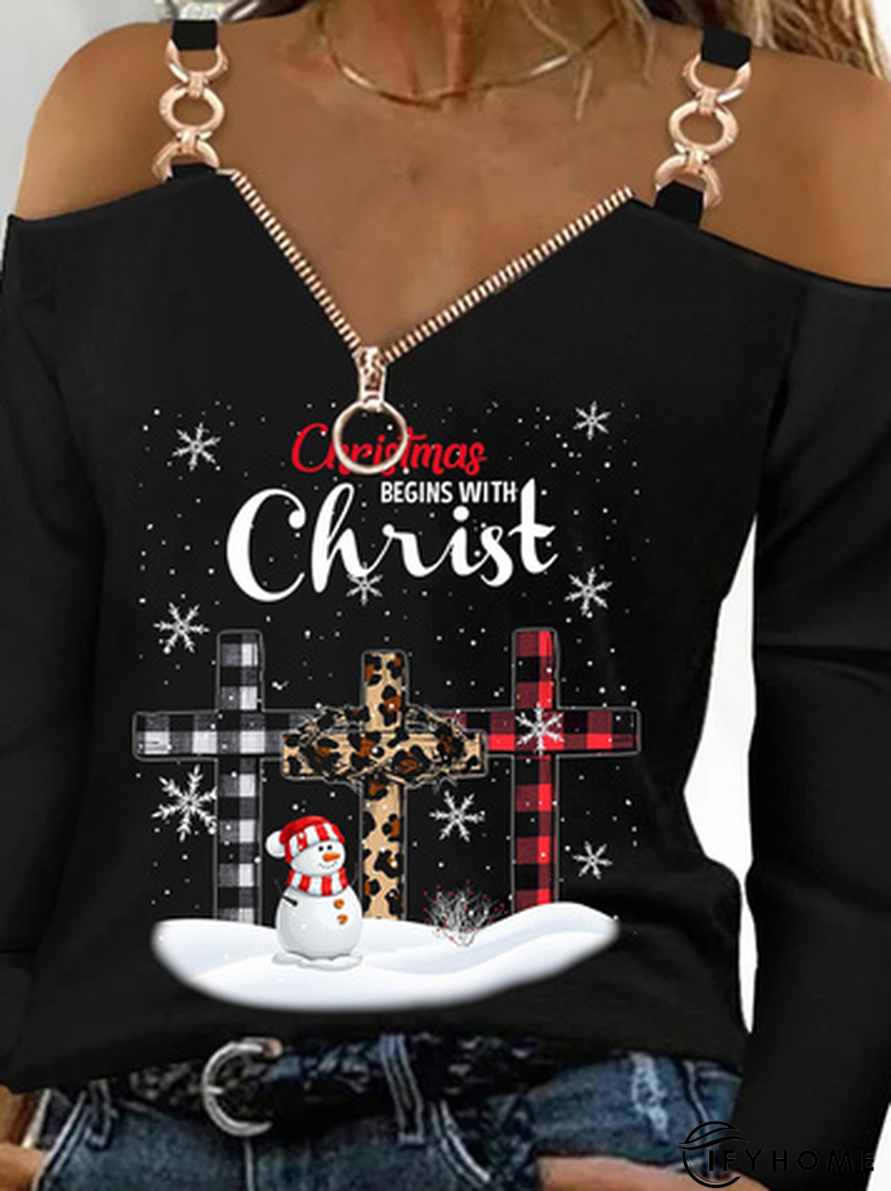 Christmas Long Sleeve V Neck Printed Top | IFYHOME