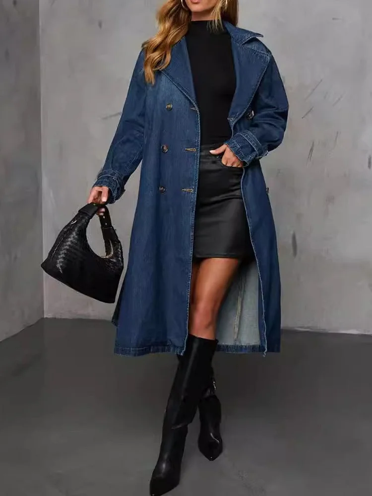 Women's Long Denim Jacket Button Up Long Sleeve Longline Denim Jacket