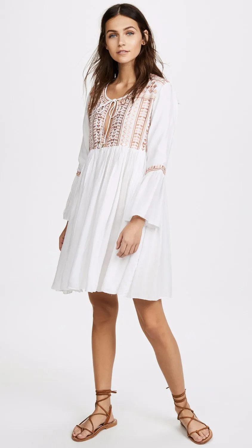 Fitshinling Embroidered Bohemian Beach Dress Female Holiday Slim Sexy White Dresses Women BOHO Long Flare Sleeve A Line Pareos