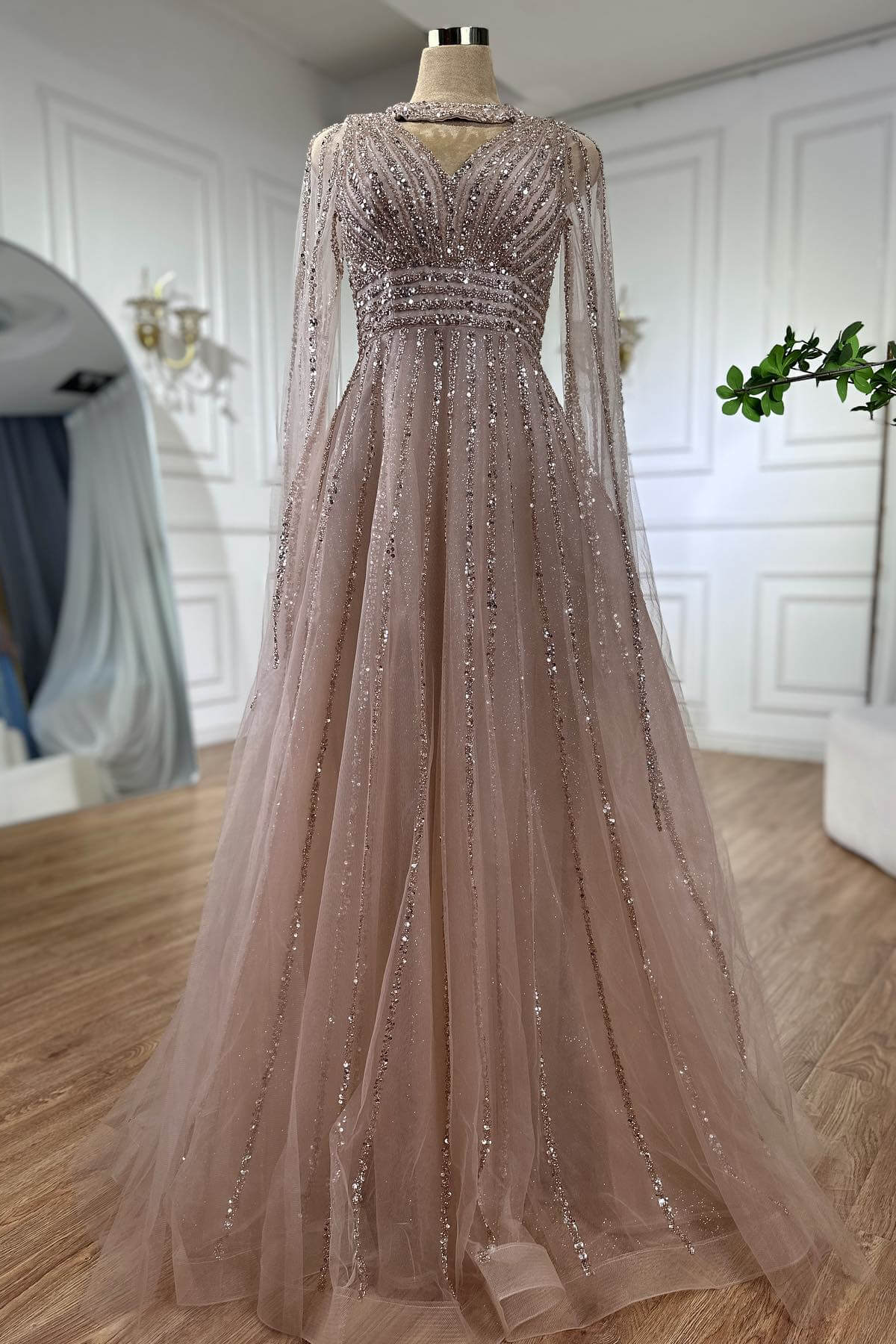 Bellasprom Dusty Pink V-Neck Ruffle Long Sleeves A-Line Prom Dress With Beadings Bellasprom
