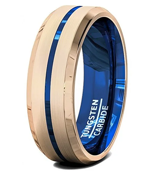 Women's Or Men's Tungsten Carbide Wedding Band Matching Rings,Matte Finish Rose Gold Bands with Blue Line Groove,High Polish Inside Blue Tone Ring With Mens And Womens For Width 4MM 6MM 8MM 10MM