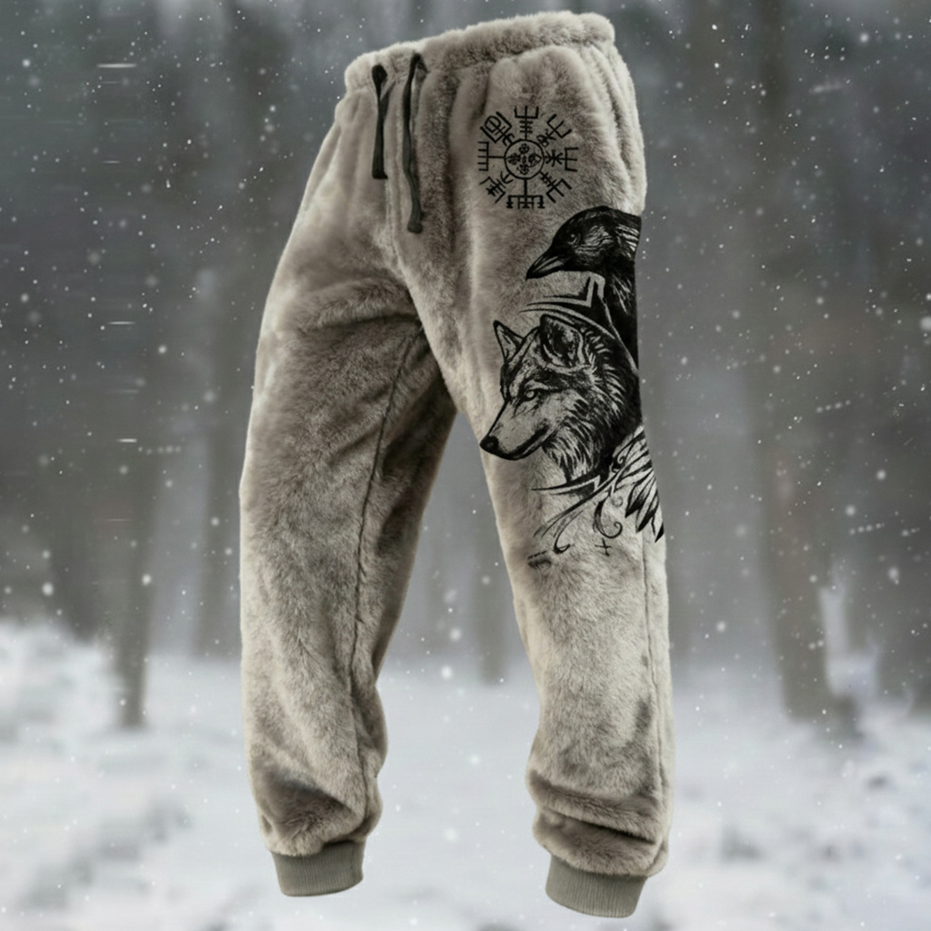 Men's  Viking-style Crow & Wolf Illustration Art Casual  Flannel Pants elevenforest