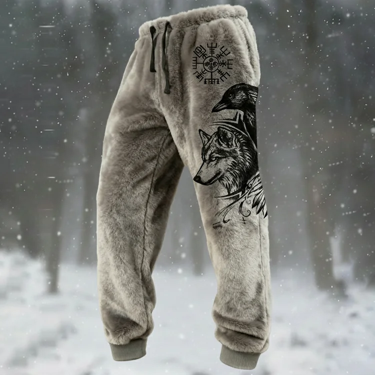 Men's  Viking-style Crow & Wolf Illustration Art Casual  Flannel Pants