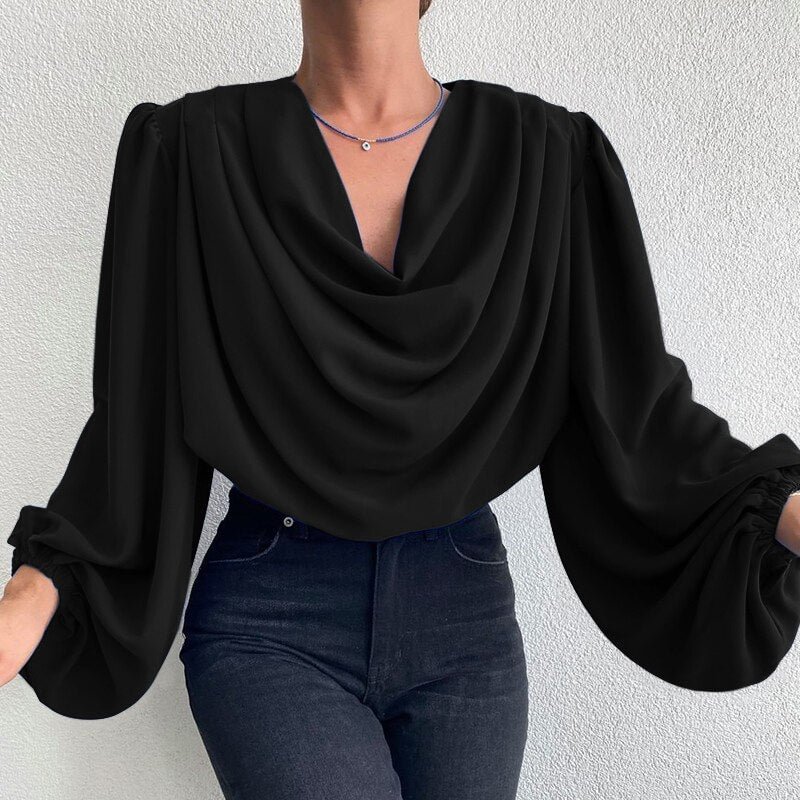 Celmia Elegant Long Lentern Sleeve Tops Women Tunic Cowl Neck Casual Office Blouses 2022 Fashion Solid Autumn Sexy Party Shirts