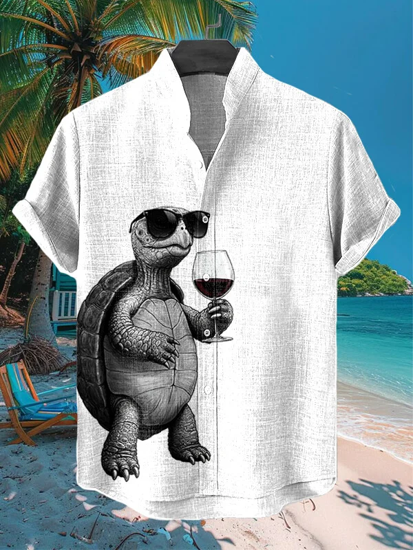 Men's Cool Turtle Drinking Red Wine Art Print Casual Shirt