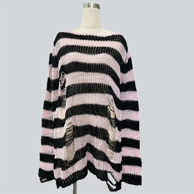 Grunge Striped Ripped Long Sweater - Gotamochi Kawaii Shop, Kawaii Clothes