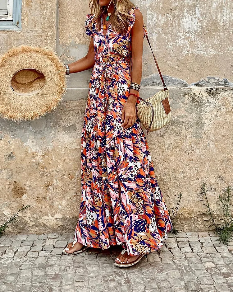 Printed Sleeveless V-neck Swing Dress