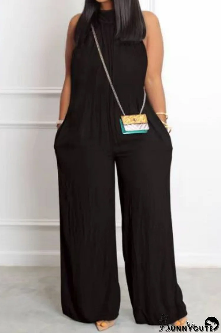 Black Casual Solid Basic Turtleneck Regular Jumpsuits