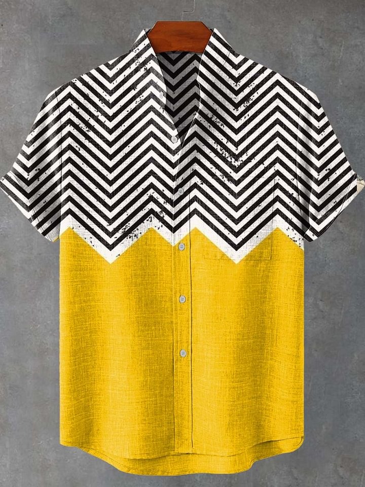 Yellow Black and White Wavy Stripes Print Casual 100% Cotton Shirt