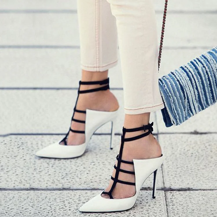 Women's White Strappy Heels Pointy Toe Stiletto Heel Pumps |FSJ Shoes