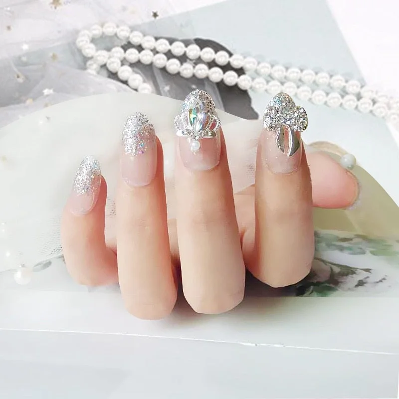 Wedding Beauty Fake Nails DIY Glitter Acrylic Full Cover Nail Art Tips with Glue Girls Shining Rhinestones Fashion False Nail-Nail Inspo