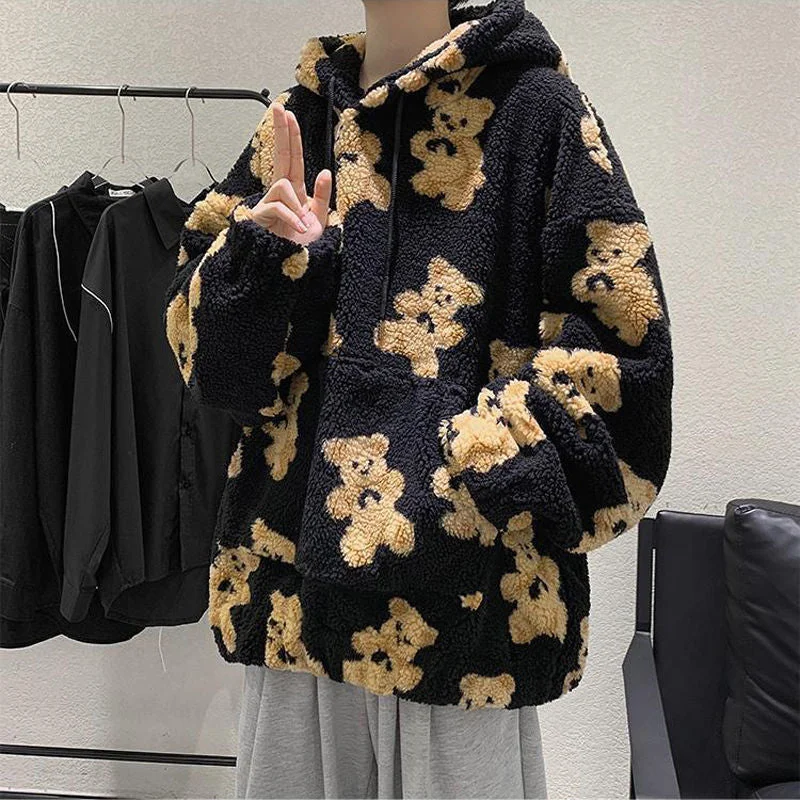 Women Loose Harajuku Kawaii Hoodies Fleece Bear Couple Hoodie Autumn Winter Thick Sweatshirts Oversized Pullover Casual Clothes