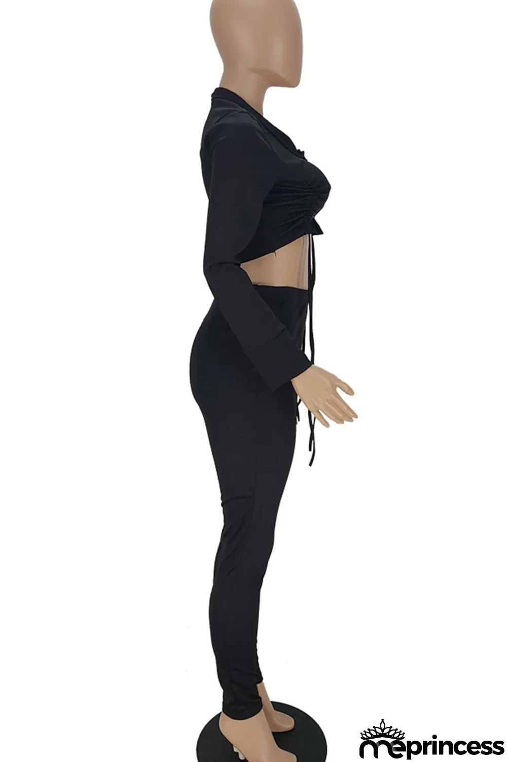 Rose Red Sexy Solid Split Joint Buckle Fold O Neck Long Sleeve Two Pieces